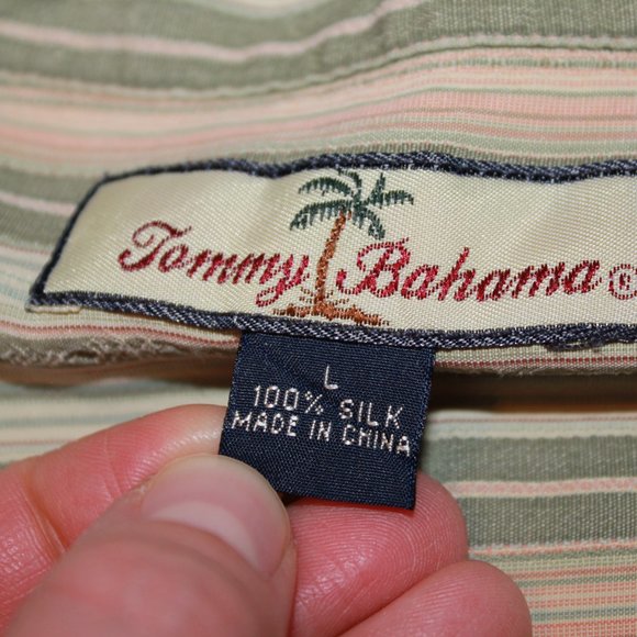 Tommy Bahama green and peach striped button up silk t-shirt size large - Picture 3 of 5